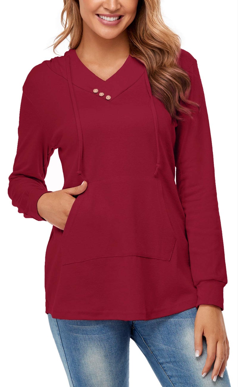Miusey Womens Hoodie, Ladies Garment Long Sleeve Lightweight V-Neck Ruffle Collar Button Sweatshirt for Women Rose Red Medium - Image 4