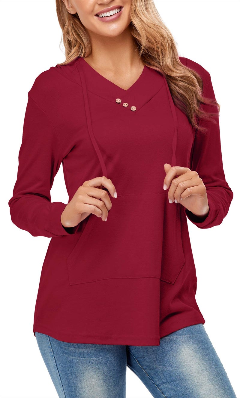 Miusey Womens Hoodie, Ladies Garment Long Sleeve Lightweight V-Neck Ruffle Collar Button Sweatshirt for Women Rose Red Medium - Image 3