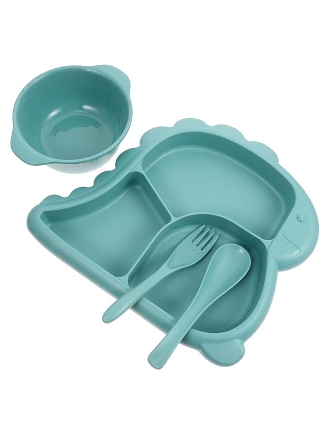 Cute Dinosaur Divided Plate Bowl Set Fork Spoon Sky Blue Kids Mealtime Safe - Image 1