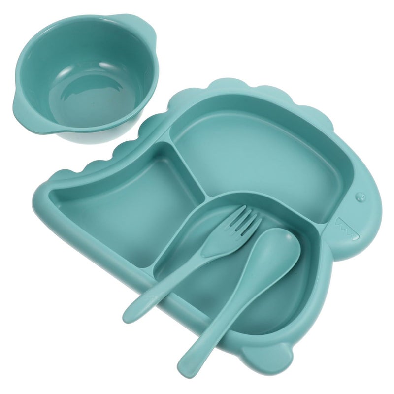 Cute Dinosaur Divided Plate Bowl Set Fork Spoon Sky Blue Kids Mealtime Safe - Image 2