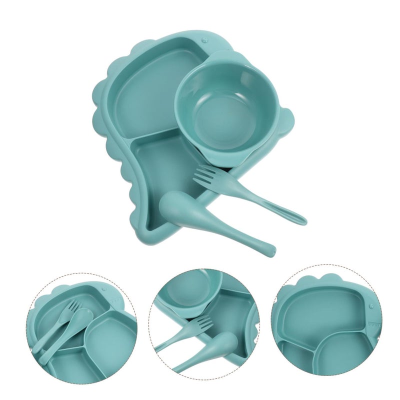 Cute Dinosaur Divided Plate Bowl Set Fork Spoon Sky Blue Kids Mealtime Safe - Image 4