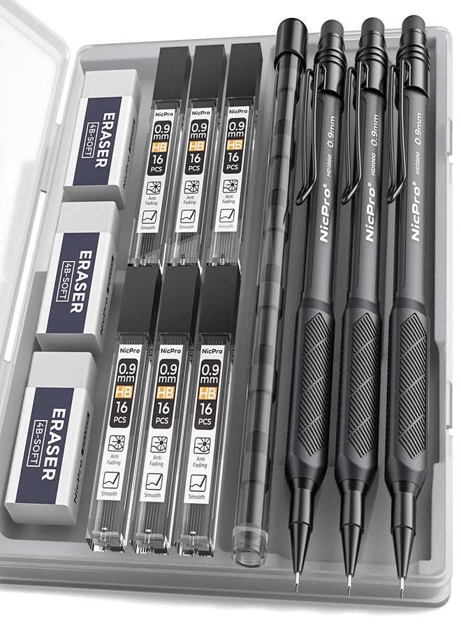 Nicpro Art Mechanical Pencil 0.9mm with Case, 3PCS HD1000 Hevey Duty Lead Pencils With 6 Tube HB 0.9 Lead Refill, Eraser, Weatherproof Barrel Pencil Set for Outdoor Writing Drafting Drawing Sketching - Image 1