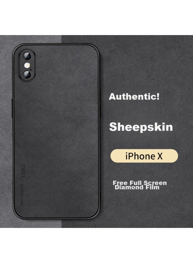 Shangsu Iphone X/xs Case, Shockproof Full Camera Protection Soft Shell, Simple Luxury Lambskin Silicone Outer Case For Women And Men, Black Leather Cover - Image 1