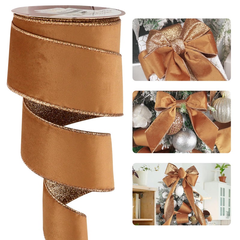 HUIHUANG Copper Velvet Tree Ribbon with Glitter Backing  212 Wide for Christmas Tree Toppers Wreaths Garlands  10 Yards