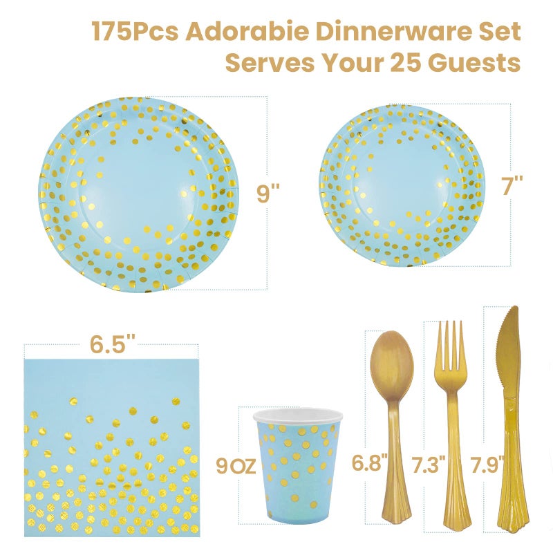 AIRE 175Pcs Blue and Gold Party Decorations  Serves 25 Blue Paper Plates Party Supplies Gold Plastic Forks Knives Spoons and Golden Dot Napkins Cups for Baby Shower Decorations for Boy - Image 3