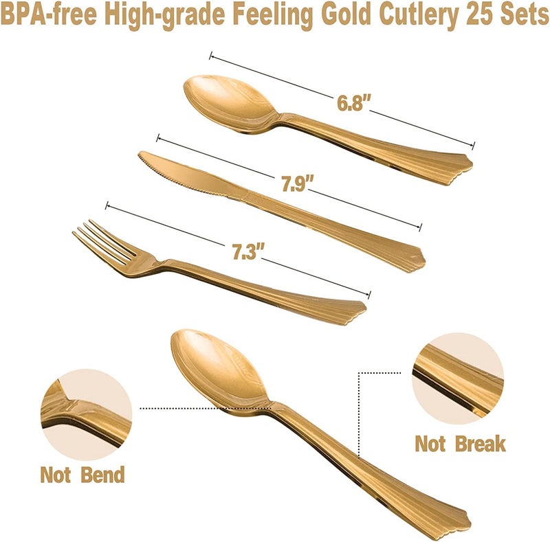 AIRE 175Pcs Blue and Gold Party Decorations  Serves 25 Blue Paper Plates Party Supplies Gold Plastic Forks Knives Spoons and Golden Dot Napkins Cups for Baby Shower Decorations for Boy - Image 4