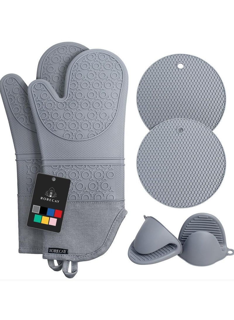 Oven Mitts And Pot Holders Set,Heat Resistant Silicone Waterproof Extra Long Oven Gloves With Hot Pads And Mini Oven Mittens For Grilling Kitchen Cooking Baking,Quilted Lining,Grey Pack of 6  - Image 1