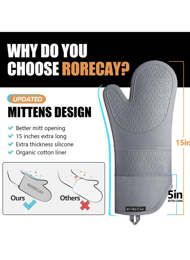 Oven Mitts And Pot Holders Set,Heat Resistant Silicone Waterproof Extra Long Oven Gloves With Hot Pads And Mini Oven Mittens For Grilling Kitchen Cooking Baking,Quilted Lining,Grey Pack of 6  - Image 2