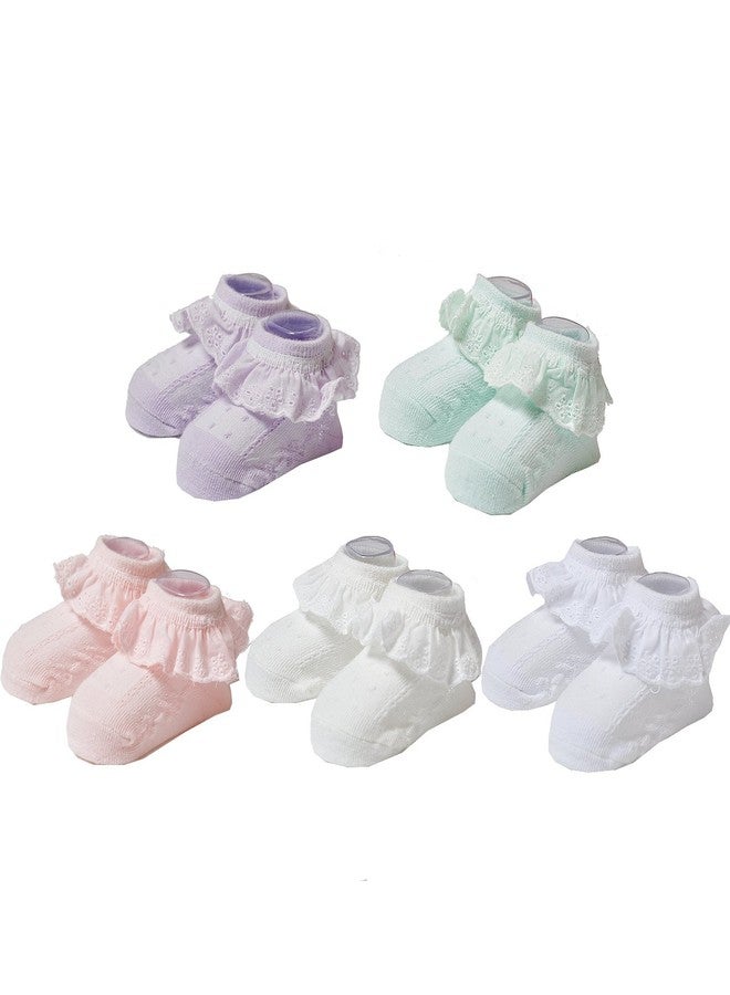 Epeius 5 Pack Baby-Girls Eyelet Frilly Lace Socks Newborn Princess Ankle Socks for 0-3 Months,Bow Pattern,White/Off White/Pink/Purple/Green,Shoe Size 0-1 - Image 5