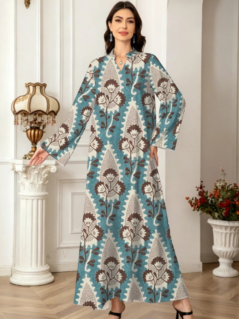 Ethnic Floral Geometric Print Flare Long‑Sleeve Loose‑Fit Abaya - Image 2