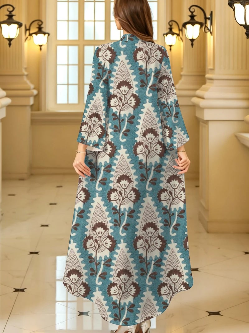 Ethnic Floral Geometric Print Flare Long‑Sleeve Loose‑Fit Abaya - Image 4