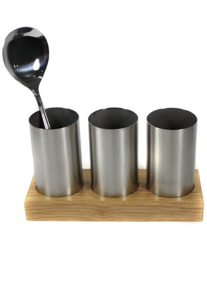 Generic - Cutlery Holder for dining table with Spoon, Fork and Knife Compartments, Wood Base organizer self draining (ROUND) - Image 1