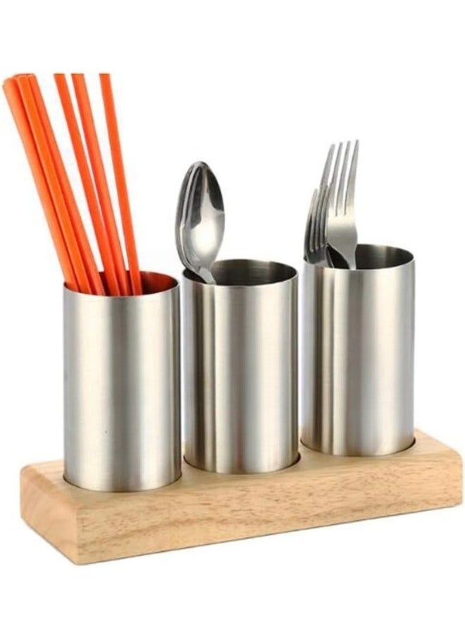 Generic - Cutlery Holder for dining table with Spoon, Fork and Knife Compartments, Wood Base organizer self draining (ROUND) - Image 1