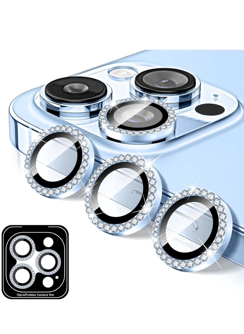 Raxoom Blue Diamond Camera Lens Protector for iPhone 16 Pro/16 Pro Max - Glitter Tempered Glass Cover with Metal Alignment Rings - Image 1