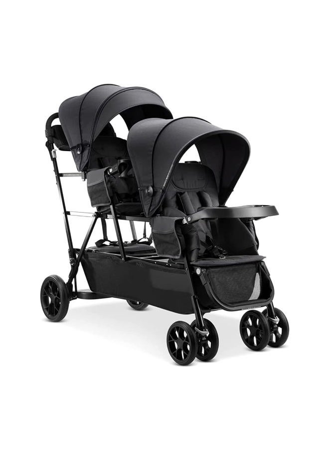 Joovy Big Caboose Triple Stroller with Rear Bench and Standing Platform, Reclining Seats, Optional Rear Seat, and Two Universal Car Seat Adapters, Jet - Image 1