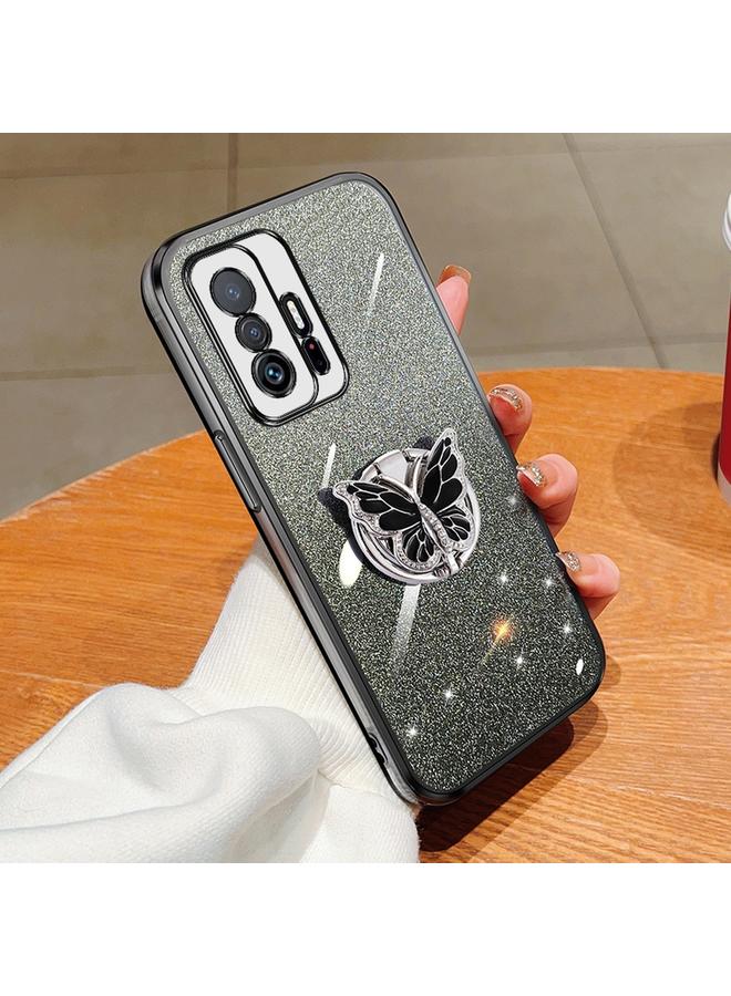 Case For Xiaomi Mi 11T Plated Gradient Glitter Butterfly Holder TPU Phone Case
