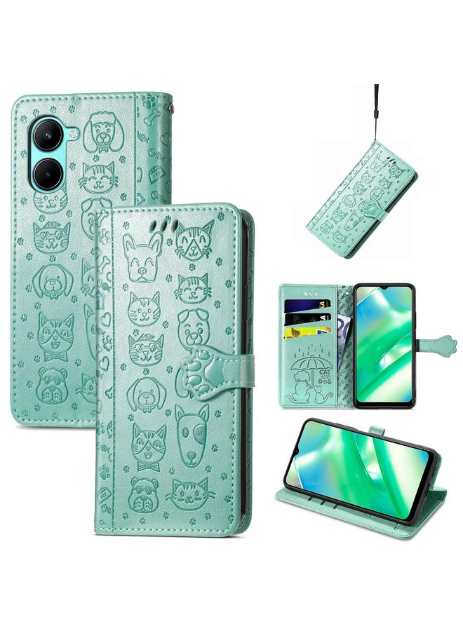 اس-توب جراب هاتف Realme C33 من الجلد المنقوش بنقشة قطة وكلب - Image 1