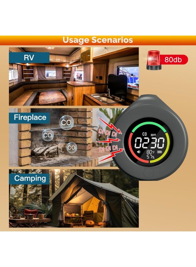 Portable Carbon Monoxide Detector, Travel CO Detector, Mini Size Temperature/Humidity/CO Detector 3 in 1, Alarm Sensor for Outdoor Camping,RV Car Indoor (grey) - Image 3