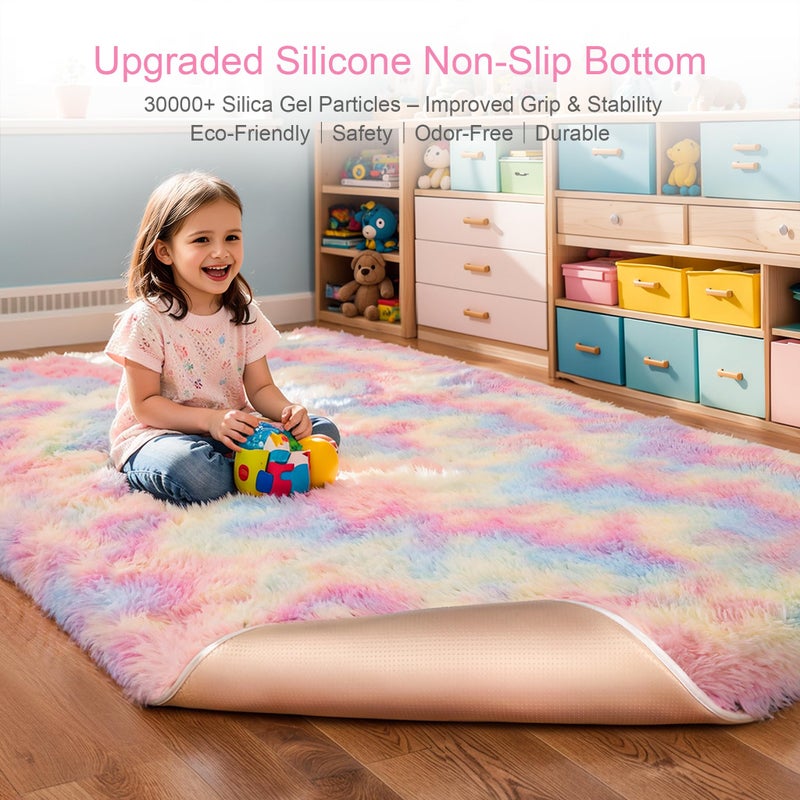 KICHOWUA Thick Area Rug 4x6 Fluffy Shag - Rainbow Unicorn Carpet for Girls Bedroom, Soft Plush Fuzzy Pastel, Thickened Washable Non-Slip Shaggy Rug for Kids, Nursery, Living Room, Baby, Dorm - Image 4
