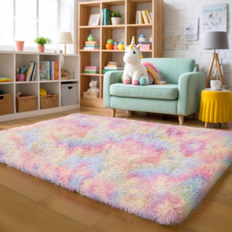 KICHOWUA Thick Area Rug 4x6 Fluffy Shag - Rainbow Unicorn Carpet for Girls Bedroom, Soft Plush Fuzzy Pastel, Thickened Washable Non-Slip Shaggy Rug for Kids, Nursery, Living Room, Baby, Dorm - Image 1