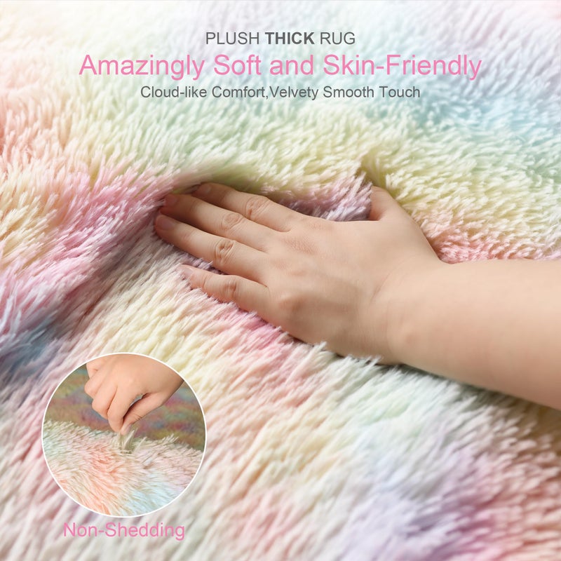 KICHOWUA Thick Area Rug 4x6 Fluffy Shag - Rainbow Unicorn Carpet for Girls Bedroom, Soft Plush Fuzzy Pastel, Thickened Washable Non-Slip Shaggy Rug for Kids, Nursery, Living Room, Baby, Dorm - Image 2