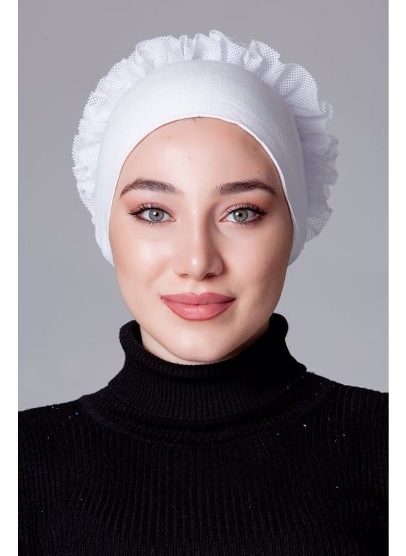 Nanak White Lycra Frilly Non-Slip Bonnet  - Image 5