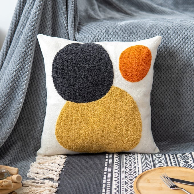 DECORATIVE GEO PILLOWCASE BOHO COLORED THROW PILLOW COVER FOR COUCH SOFA BED STYLISH DECOR SIMPLE COTTON TEXTURED CUSHION SHAM SQUARE 18 INCHES 1PCYELLOW ORANGE