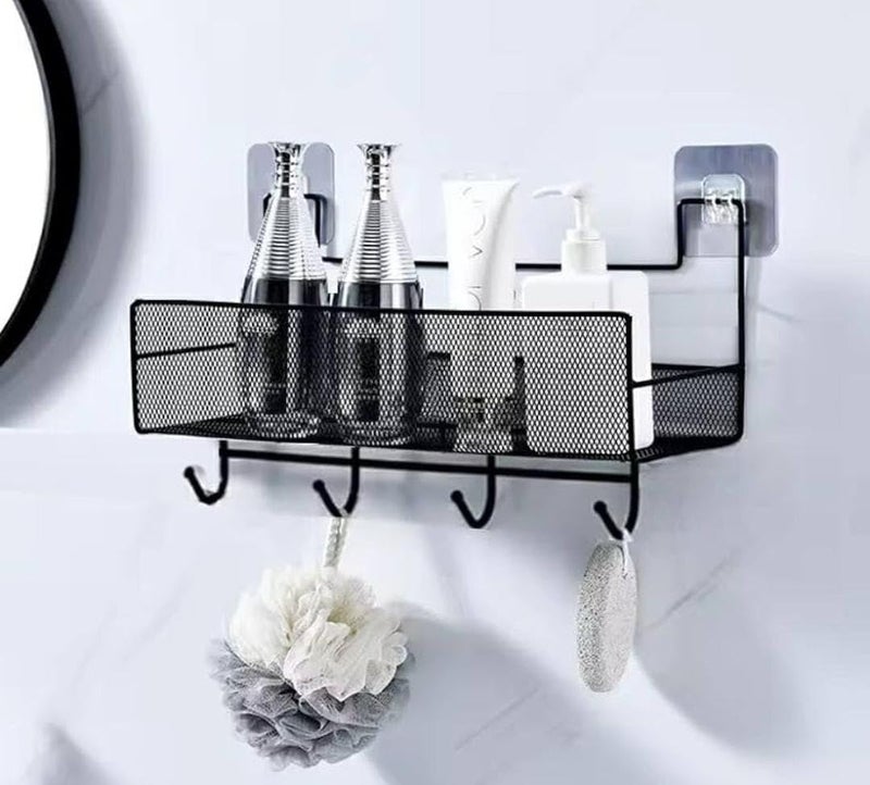 Black Metal Mesh Wall Shelf with Hooks for Kitchen and Bathroom - Image 1