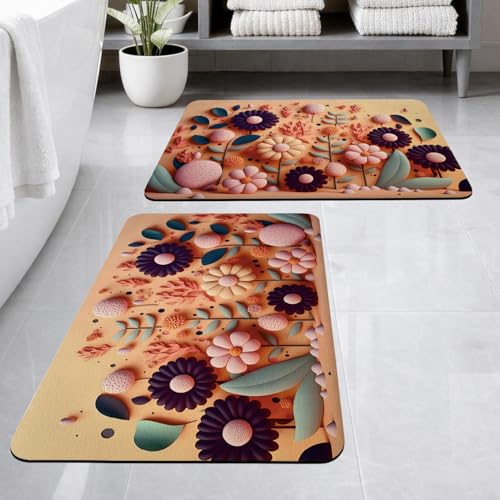SITTELLA® 2 Pieces Anti-Skid Water Soaking 3D Flower Print Bathroom Mat, Water Absorbent Mat (40x60cm) (Orange Flower Print) - Image 1