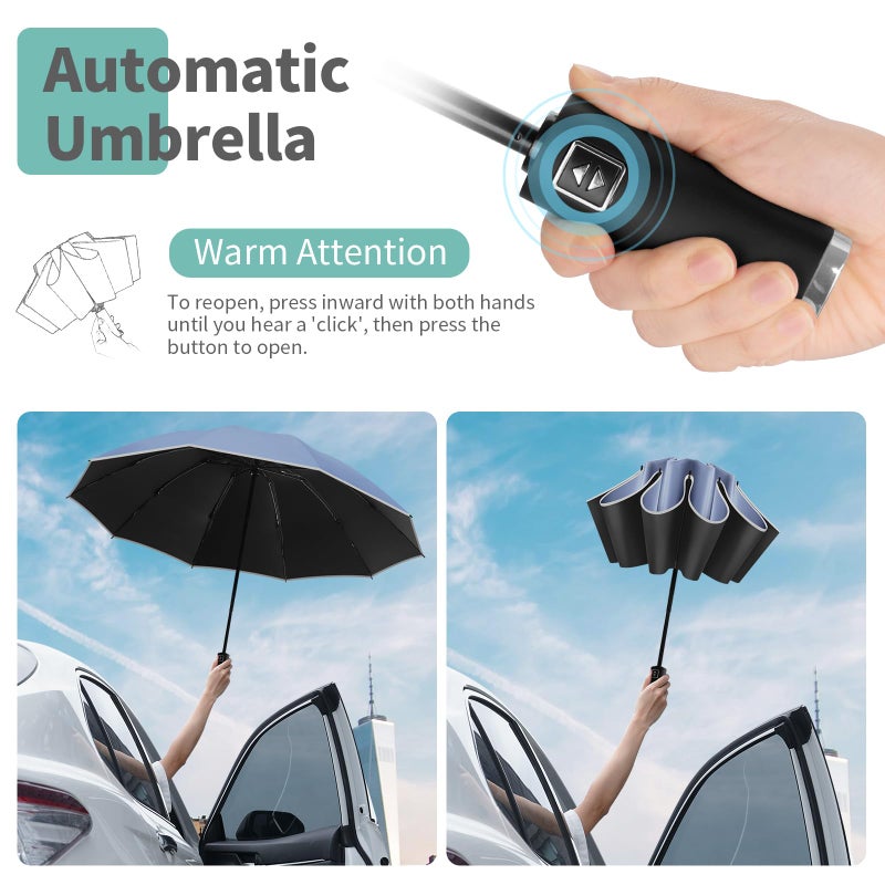 Yoobure Inverted Travel Umbrella  Automatic Umbrellas For Rain  Windproof Compact Folding With Reflective Stripe  Portable Large For Backpack  Lightweight With Sun Uv Protection - Image 5