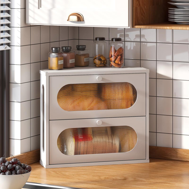 STDDRE Corner Bread Box for Kitchen Countertop Bmaboo Double Layer Bread Boxes Capacity Farmhouse Bread Box, Corner Countertop Storage (White) - Image 1