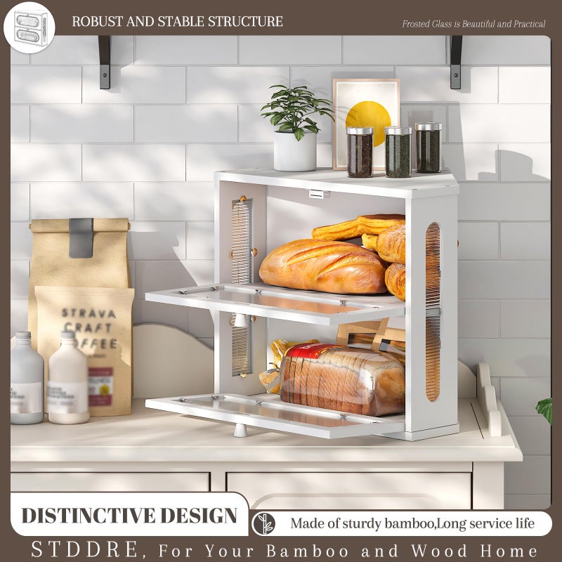 STDDRE Corner Bread Box for Kitchen Countertop Bmaboo Double Layer Bread Boxes Capacity Farmhouse Bread Box, Corner Countertop Storage (White) - Image 3