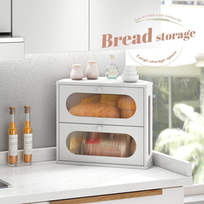 STDDRE Corner Bread Box for Kitchen Countertop Bmaboo Double Layer Bread Boxes Capacity Farmhouse Bread Box, Corner Countertop Storage (White) - Image 2