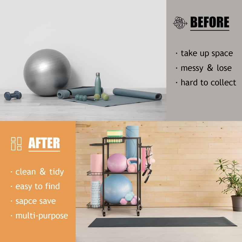 LIANTRAL Yoga Mat Storage Rack - Metal Gym Organizer for Yoga Mats, Foam Rollers & Fitness Equipment, Space Saving Workout Equipment Storage Rack for Home Exercise and Fitness Gear, Black - Image 4