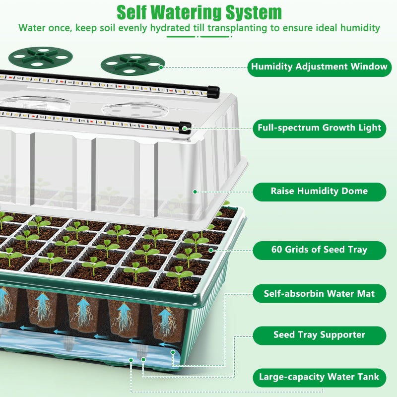 SprintGy 2 Set 120-Cell Seed Starter Tray with Grow Light, Self-Watering Seed Starter Kit with Humidity Dome, Adjustable Brightness Timed Seedling Starter Plant Germination Trays Indoor - Image 2