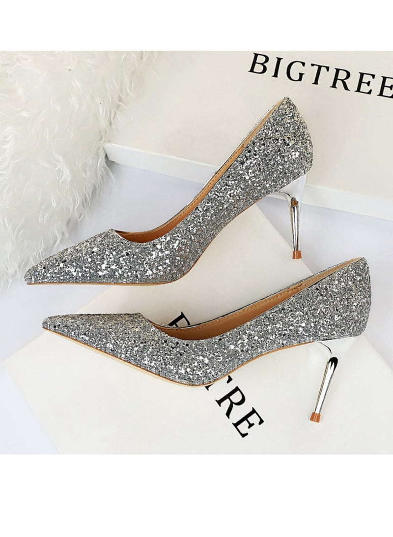 BIGTREE 7.5 سم كعب نحيف لامع للنساء على طراز أوروبي رمادي - Image 1