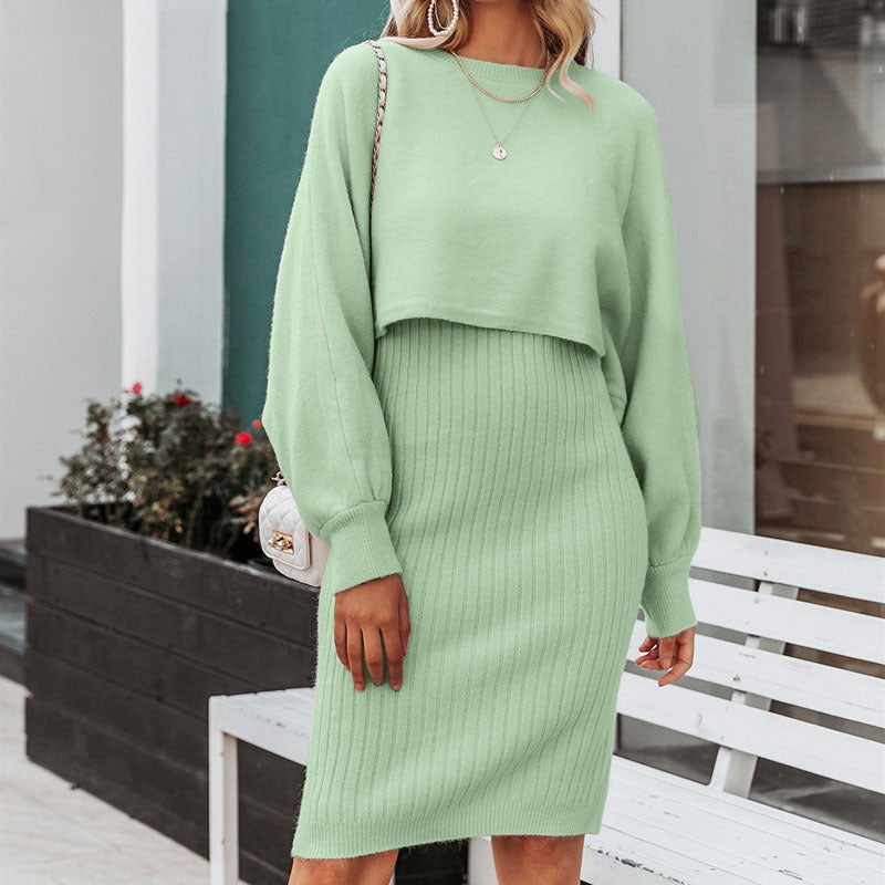 Cross-border hot-selling knitted dress two-piece 2024 autumn and winter new European and American fashion solid color pullover sweater women Beige - Image 4