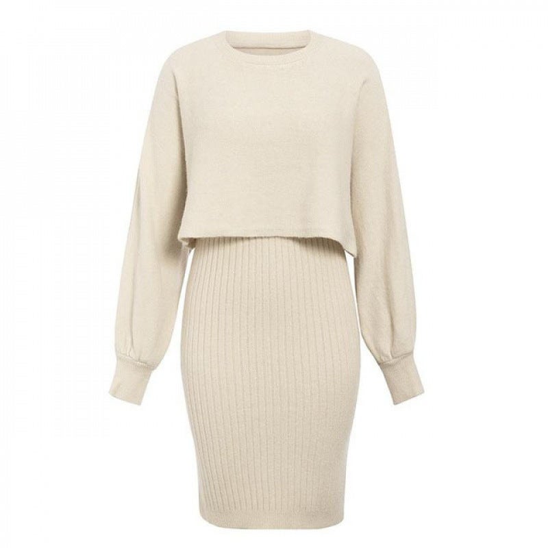 Cross-border hot-selling knitted dress two-piece 2024 autumn and winter new European and American fashion solid color pullover sweater women Beige - Image 1