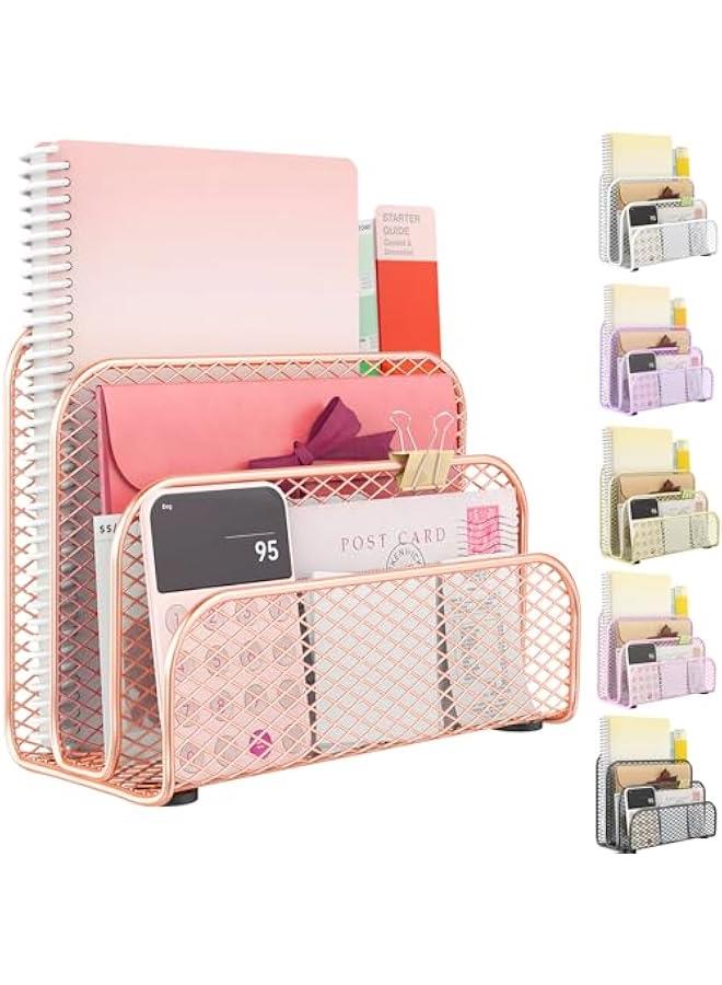 Arabest Mail Organizer Countertop, Metal File Holder with 3-Slot, Rose Gold Desk Accessories & Workspace Organizers (Rose Gold) - Image 1