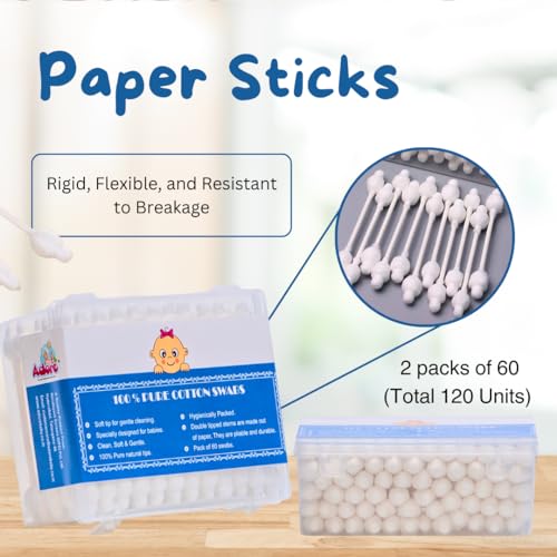 Adore 100% Pure Cotton Swabs, Pack of 2, Total 120 Units, White with Thick end to Protect Baby Ears - Image 3