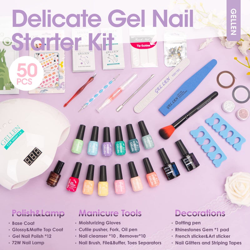 Gellen Gel Nail Polish Kit with Nail Light 72W Nail Dryer, 12 Gel Nail Polish Colors, No Wipe Top Base Coat, Nail Art Decorations, Manicure Tools, All-In-One Manicure Kit, Macaron Candy - Image 2