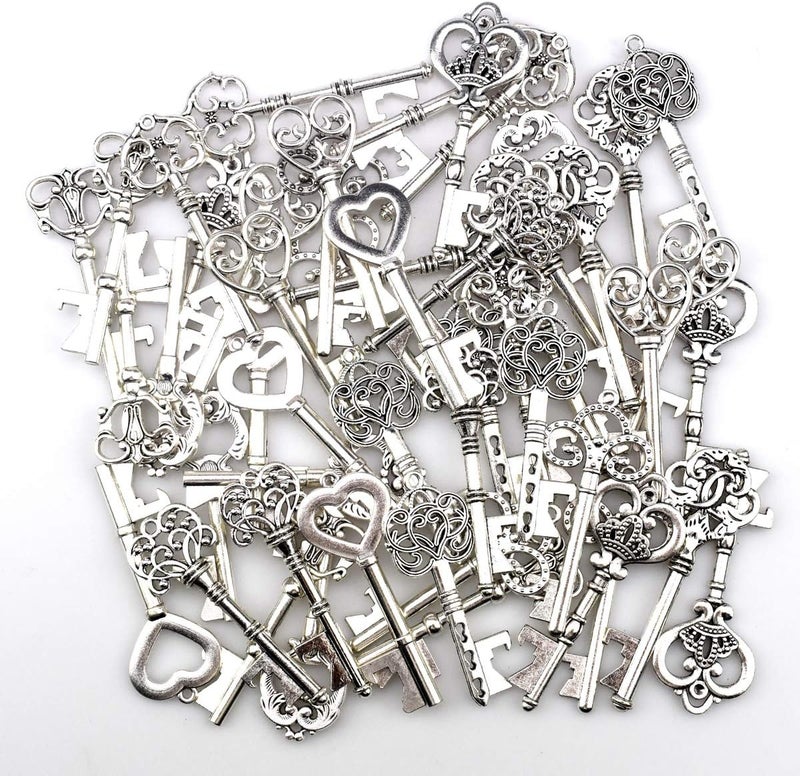 XONOR Key Bottle Opener - 50 Pieces Vintage Skeleton Key Bottle Opener with Paper Tags and Twine for Wedding Favors Antique Rustic Party Decoration (10 Styles, Silver) - Image 2