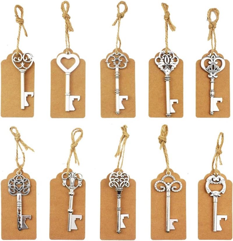 XONOR Key Bottle Opener - 50 Pieces Vintage Skeleton Key Bottle Opener with Paper Tags and Twine for Wedding Favors Antique Rustic Party Decoration (10 Styles, Silver) - Image 4