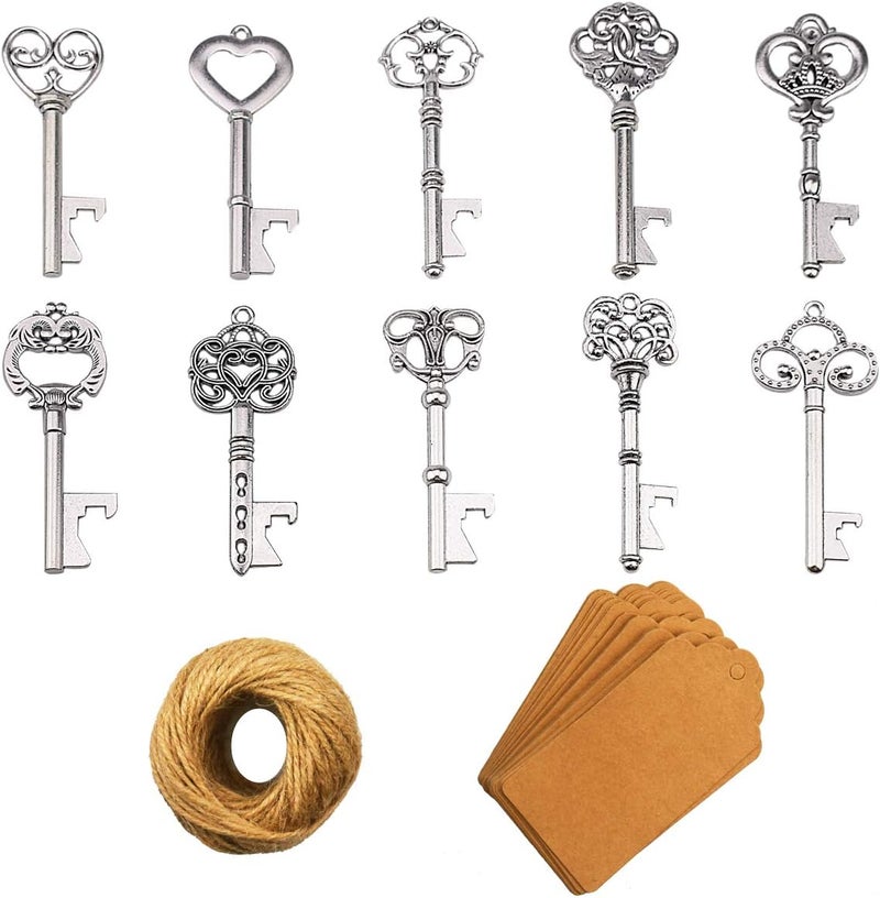 XONOR Key Bottle Opener - 50 Pieces Vintage Skeleton Key Bottle Opener with Paper Tags and Twine for Wedding Favors Antique Rustic Party Decoration (10 Styles, Silver) - Image 1