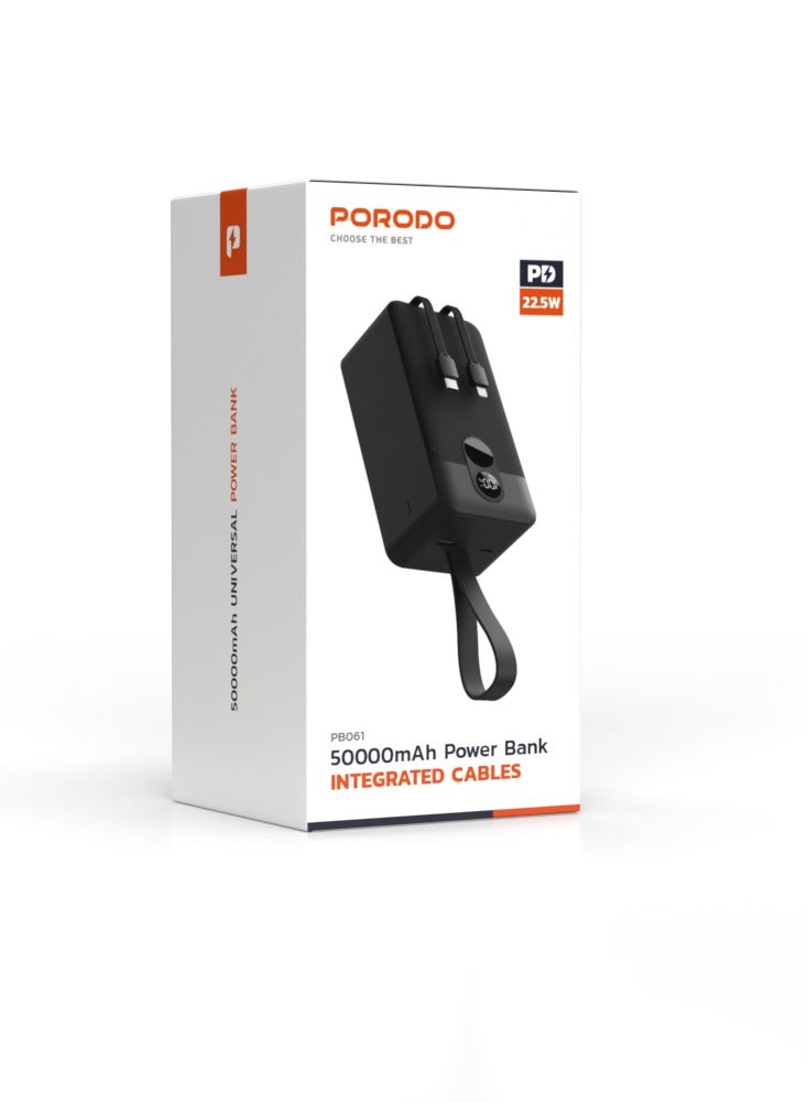 porodo 50000mAh Powerbank PD 22.5W with 2x Integrated Type-C & Lightning Cables / Digital Display / 0%-60% in 35 Minutes / Simultaneous Charging Power Bank 50000 mAh - Black - Image 5