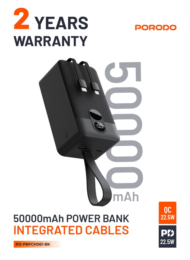 porodo 50000mAh Powerbank PD 22.5W with 2x Integrated Type-C & Lightning Cables / Digital Display / 0%-60% in 35 Minutes / Simultaneous Charging Power Bank 50000 mAh - Black - Image 1
