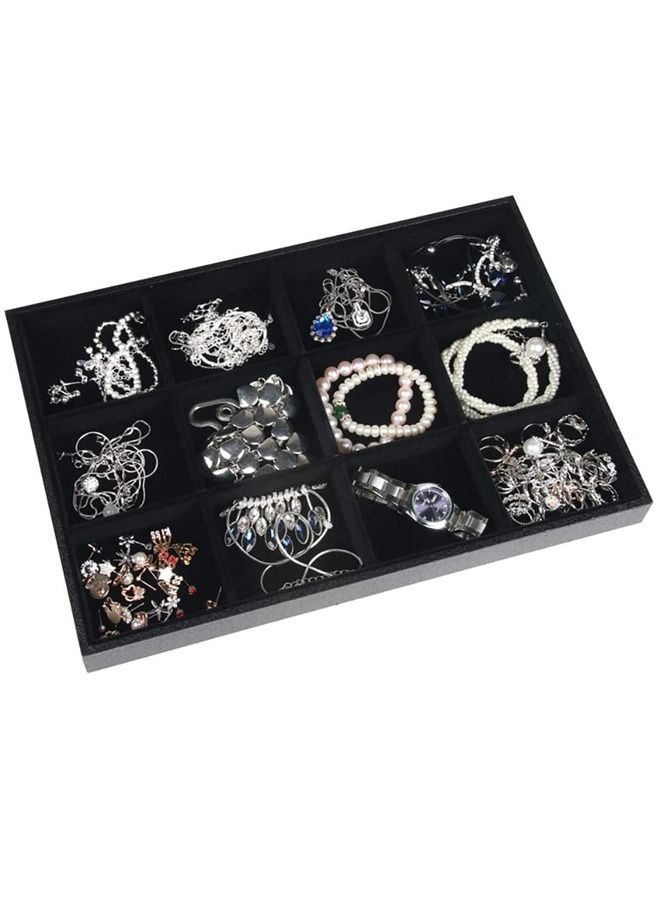 PADOM Padom Jewelry Tray Organizer, Necklace Pendant Organizer Watch Storage Rings Earrings Bracelet Organizer Tray Showcase Display Velvet Stackable Jewelry Storage BLACK COLOR  12 Grids  - Image 2