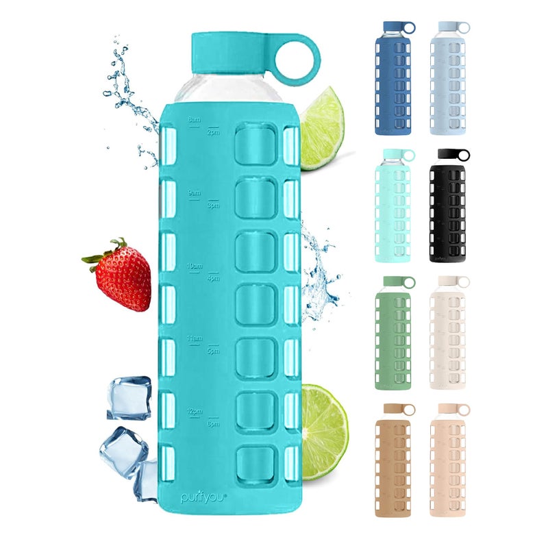 purifyou 40oz 32oz 22oz 12oz Borosilicate Glass Water Bottle with Time Volume Markers Silicone Sleeve Stainless Steel Lid Reusable Glass Bottle for Water Juice 32oz Aqua Blue