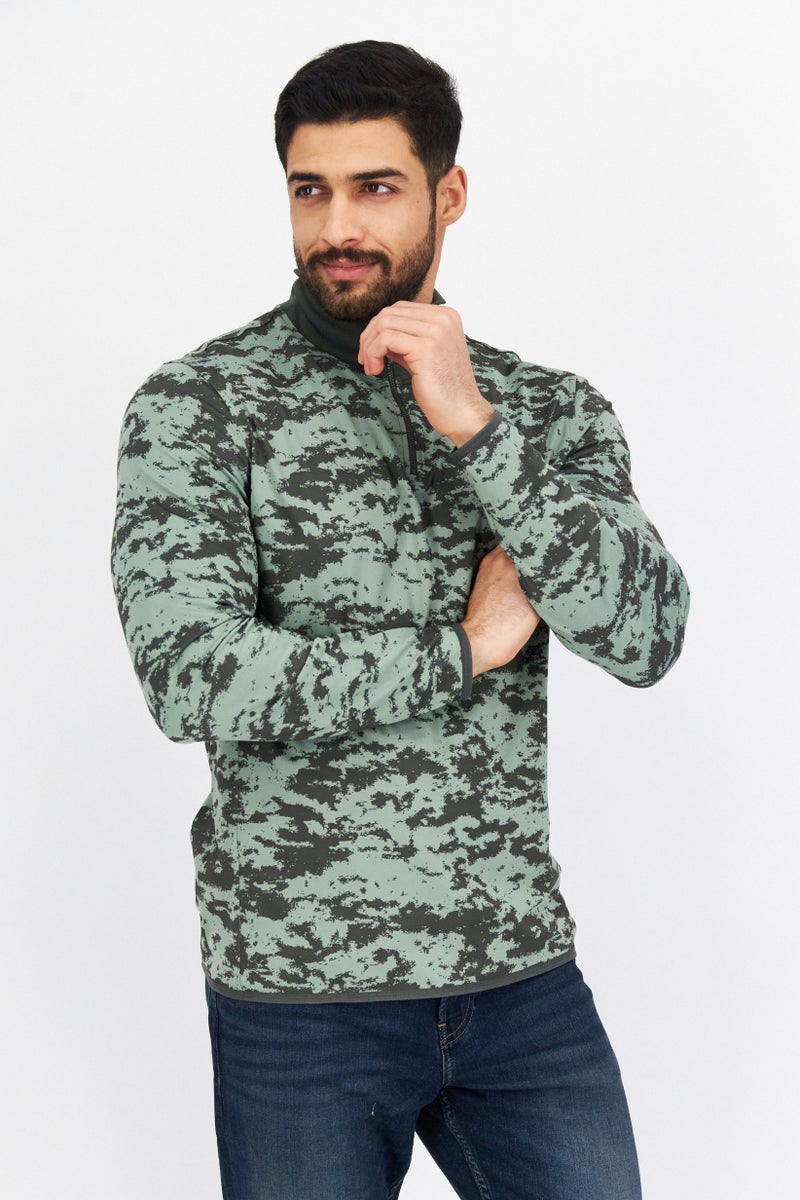 Lyle & Scott سويت شيرت مطبوع بأكمام طويلة وياقة متوسطة للرجال، زيتوني - Image 1