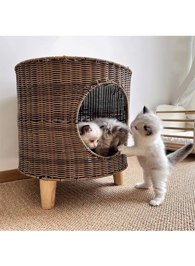Woven Cat Bed, Semi-Enclosed Rattan Pet House with Plush Mat Cool Mat and Vine Ball for Cats and Small Dogs, Elevated Cat Cave with 3 Legs, Comfortable and Breathable (Brown) - Image 1